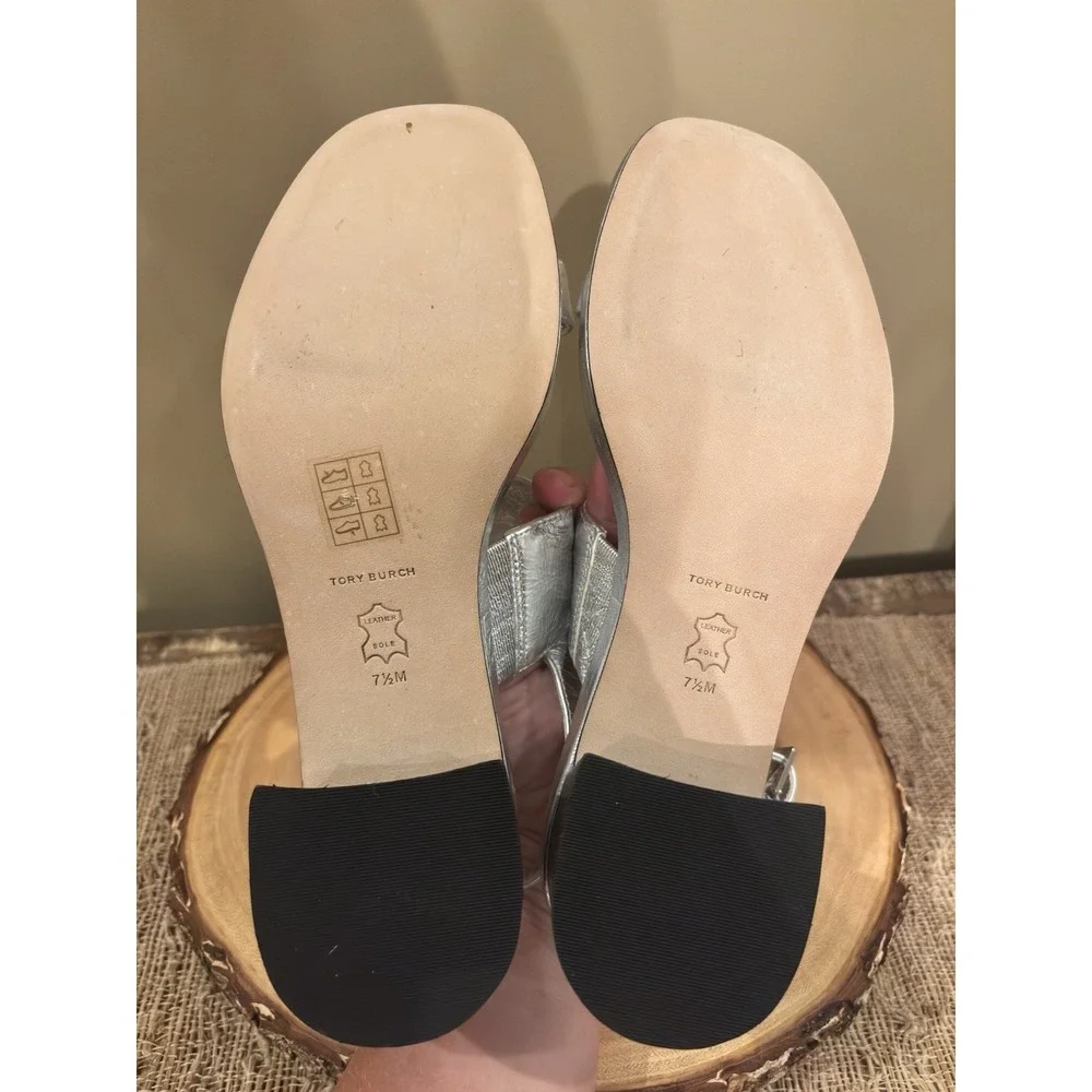 TORY BURCH METALLIC‎ Silver LEATHER Eleanor Block HEEL Sandals 7.5 349$